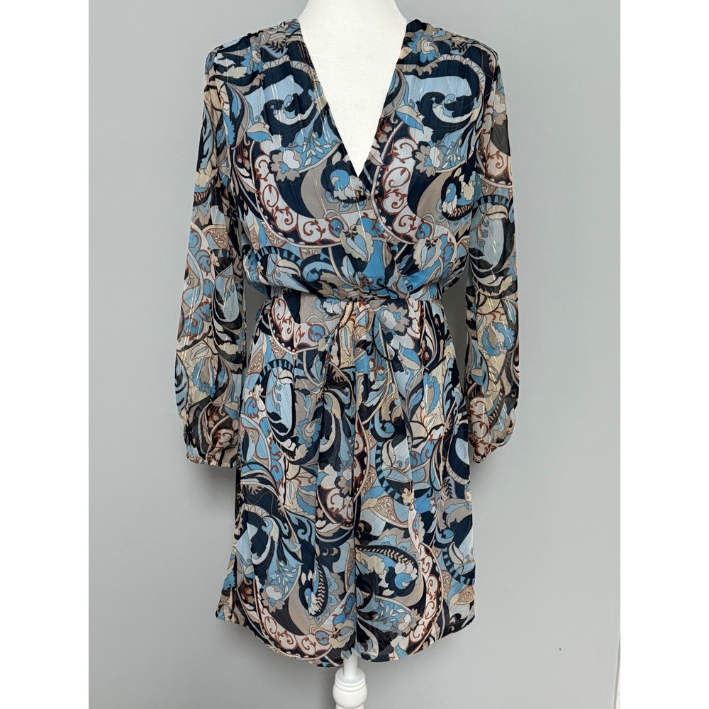 Boston Proper Blue Paisley Metallic Lurex Chiffon V-Neck A-line Dress Size‎ 6